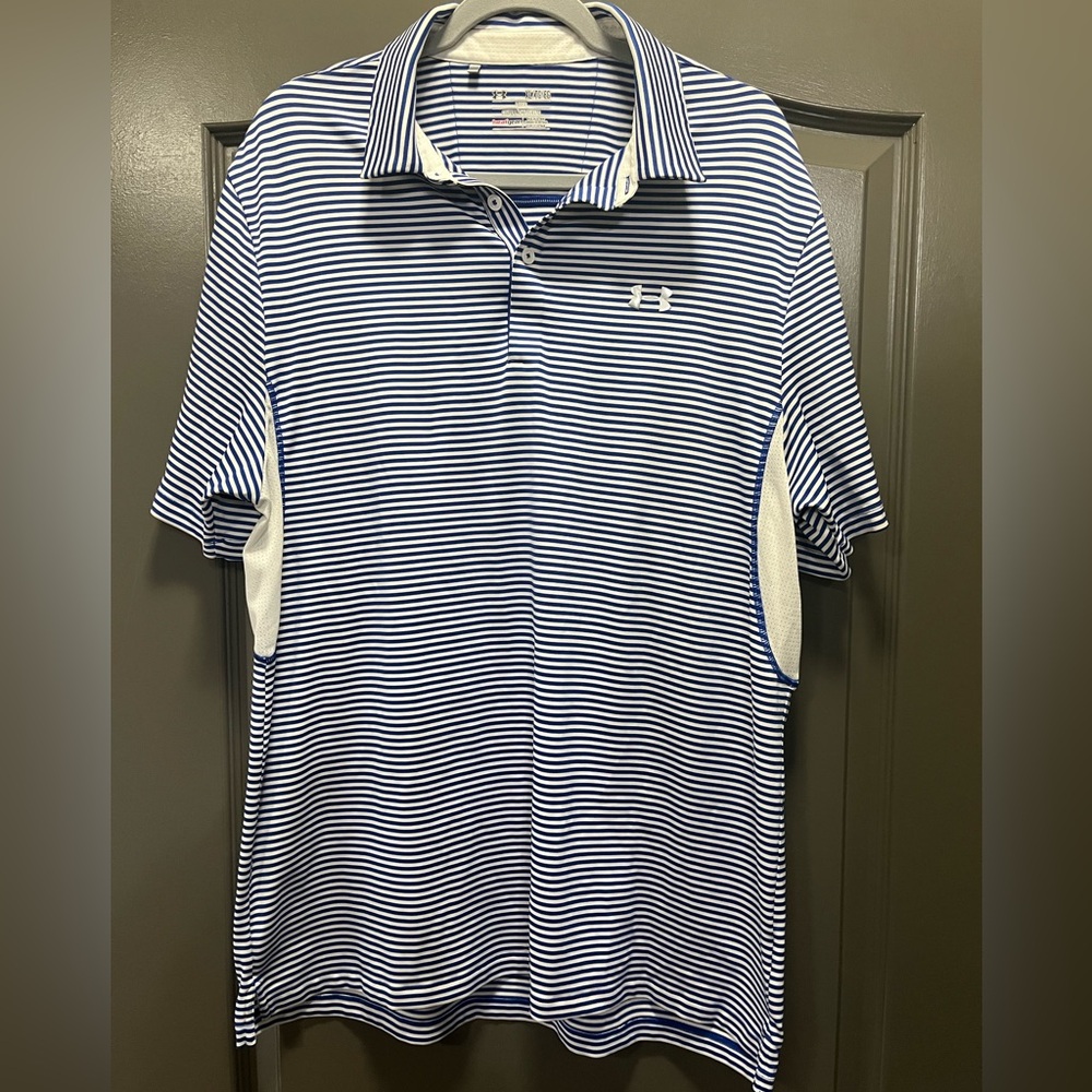 Under Armour Men's Navy and White Striped Polo Size XL